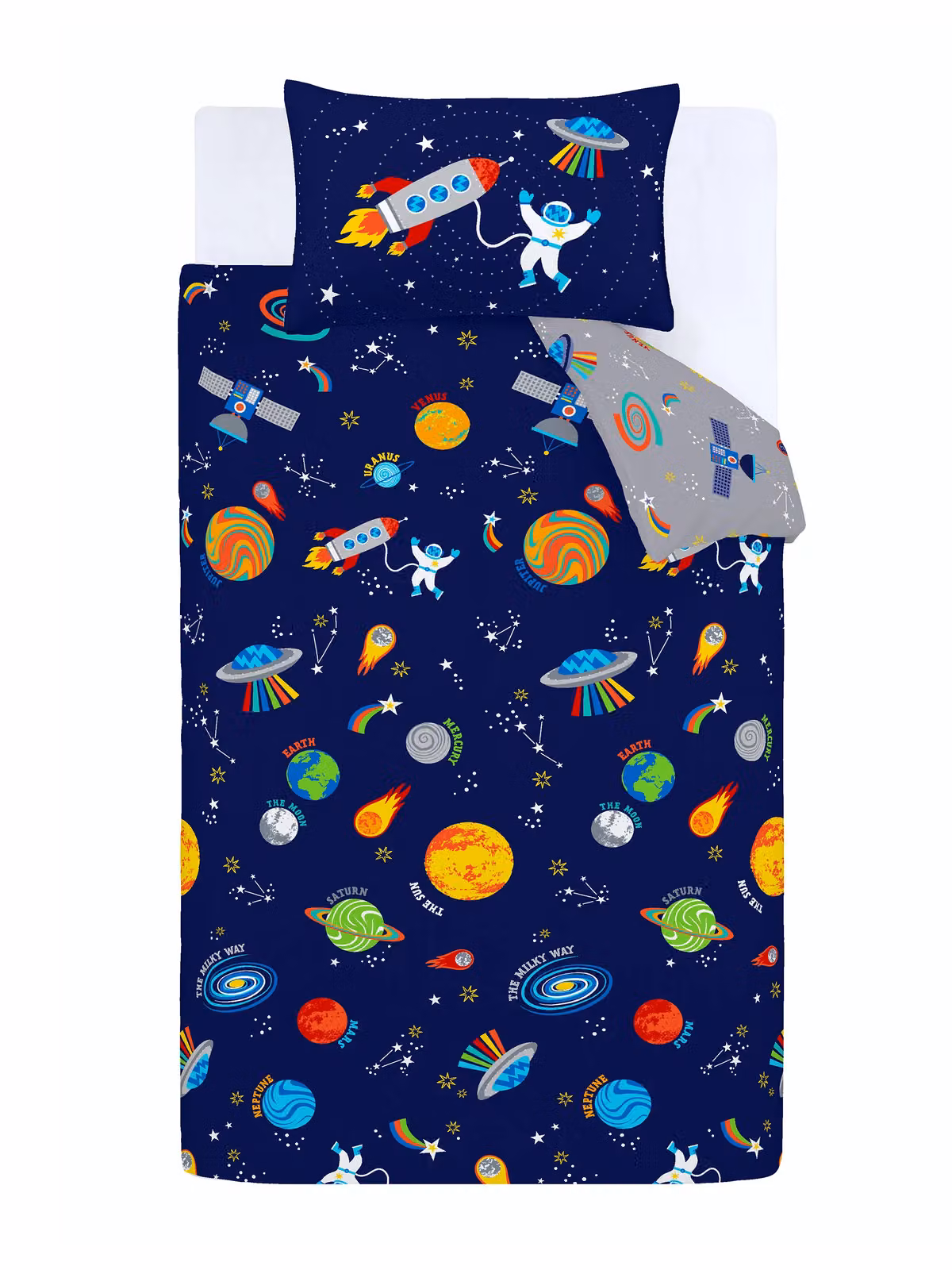 Catherine Lansfield Lost In Space Reversible Junior Duvet Cover Set and Pillowcases in Blue and Grey – 3