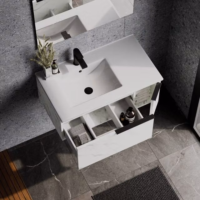 Banyetti Siena 800mm Wall-Hung Vanity Unit with Carrara Marble Top and Matt Black Handles in White – 1