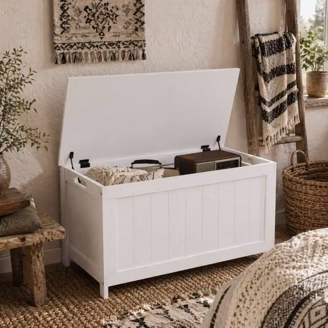 Wyld Haus Halumo White Wooden Panelled Blanket Storage Chest W/D/H: 40 x 48 x 40 cm
