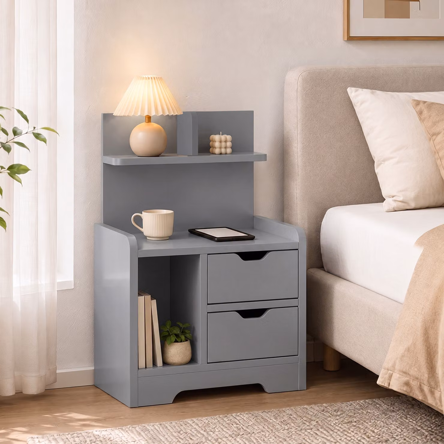 HOMCOM Modern Grey Bedside Table with 2 Drawers and Storage Shelves – 3