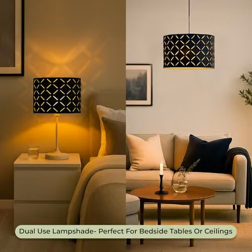 INNOTECK Argyle Drum Lamp Shade, Black with Gold Inner, E27/E14, W: 30 cm, H: 20 cm – 7