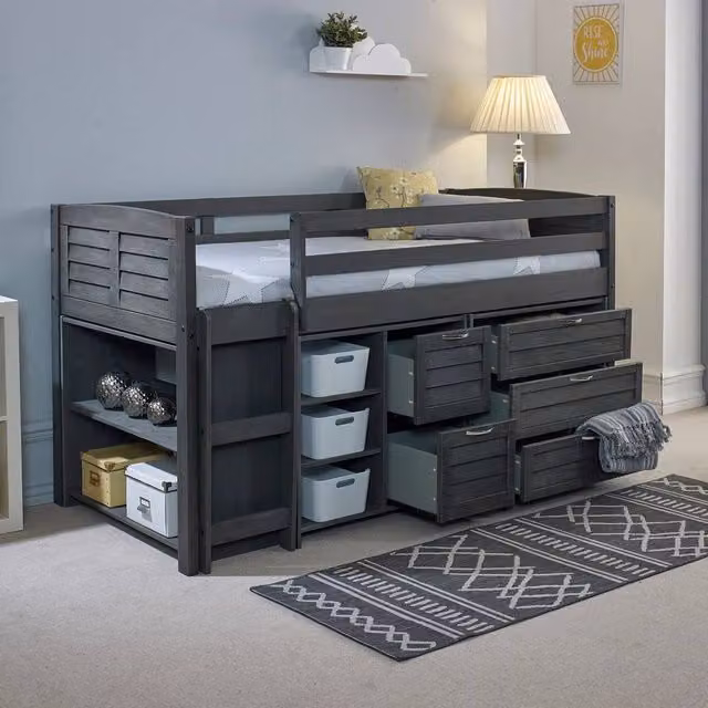 Amani Grey Solid Pine Mid Sleeper with Drawers and Shelves, Single Size