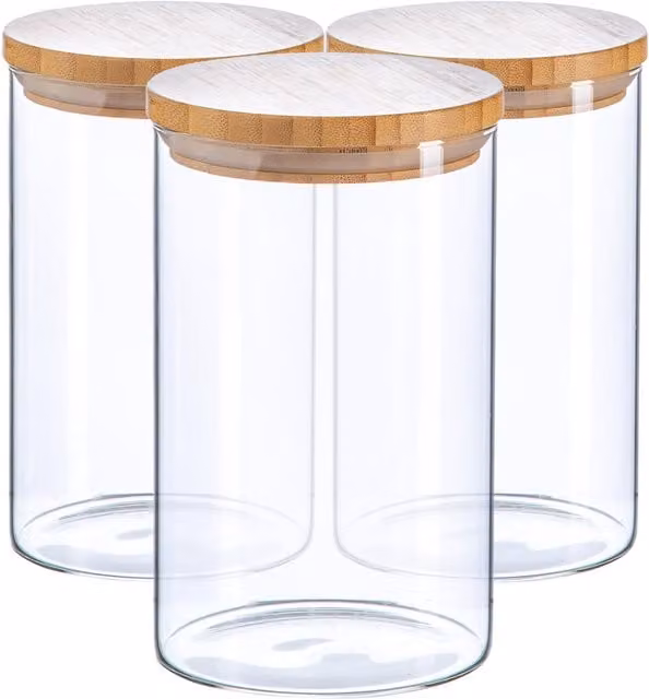 Argon Tableware Set of 3 Scandi Airtight Round Glass Storage Jars with Wooden Lids, 1 l each, Clear