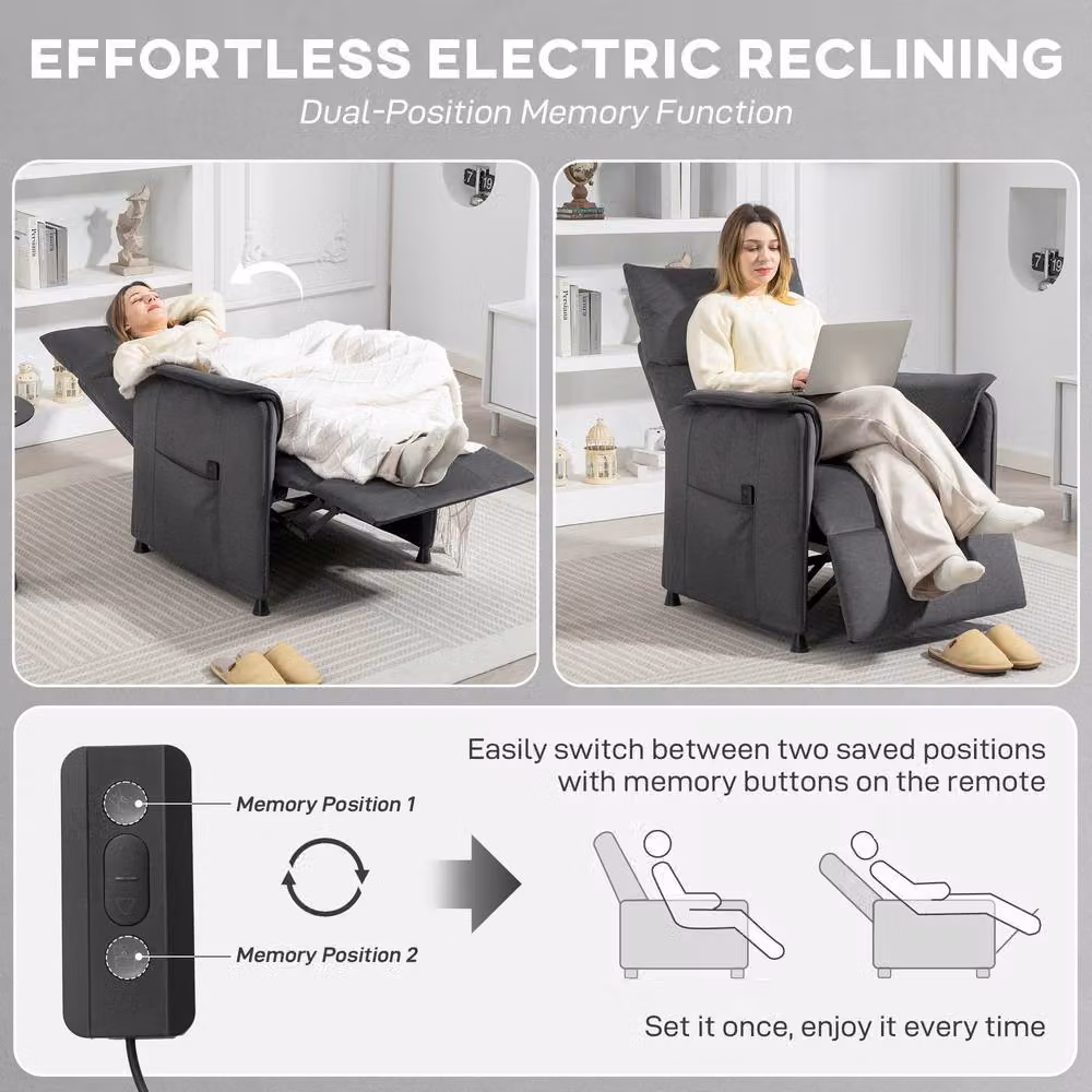 HOMCOM Electric Reclining Chair for Seniors with Remote Control, Velvet Fabric Single Seater in Grey or Black – 3
