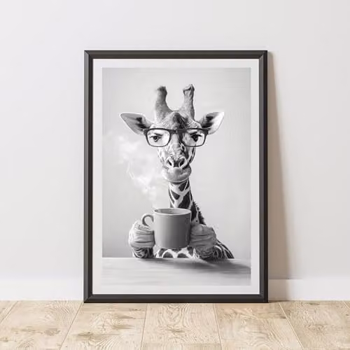 60 Second Makeover Funny Giraffe Drinking Coffee Paper Poster, A3, Multicolour