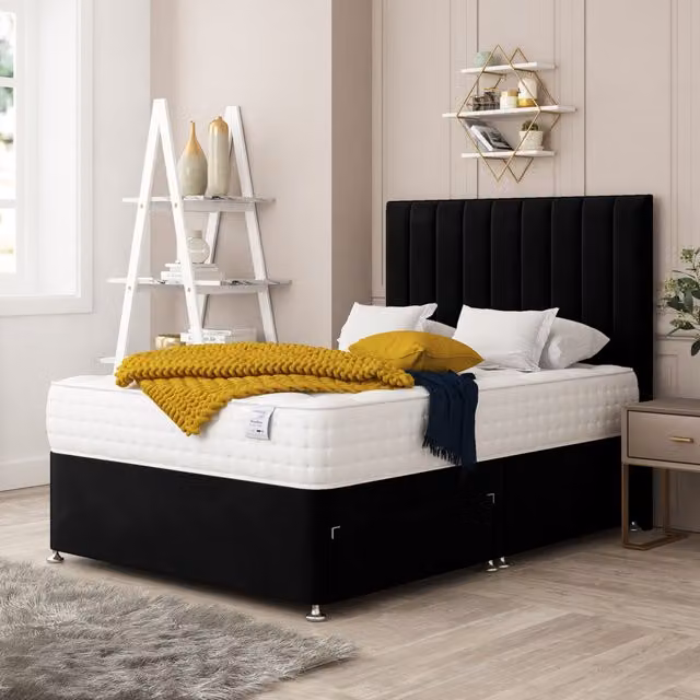 Bed Choices Alaska Double Divan Bed with 2 Drawers, Mattress and 54 inch Floor Standing Headboard in Black Velvet, W/D/H: 140 x 200 cm