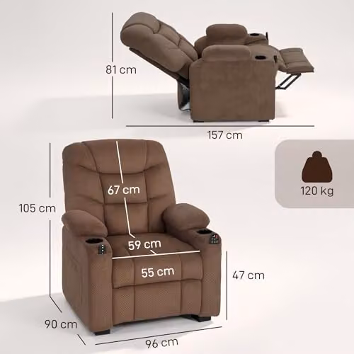 HOMCOM Electric Massage Recliner Armchair in Brown with Vibration, Heat, USB Port and Cup Holders – 3