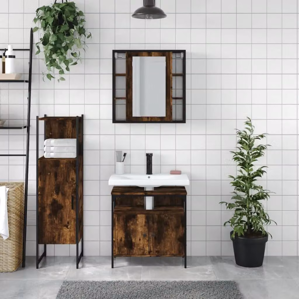 Berkfield Home 3 Piece Smoked Oak Bathroom Cabinet Set in Brown – 3