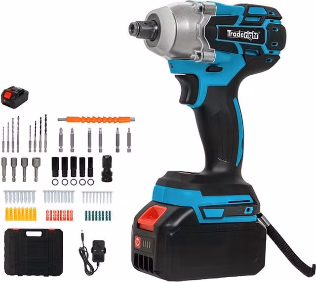 Traderight 21V Brushless Impact Wrench Drill Kit with 4.0Ah Rechargeable Battery, Blue and Black