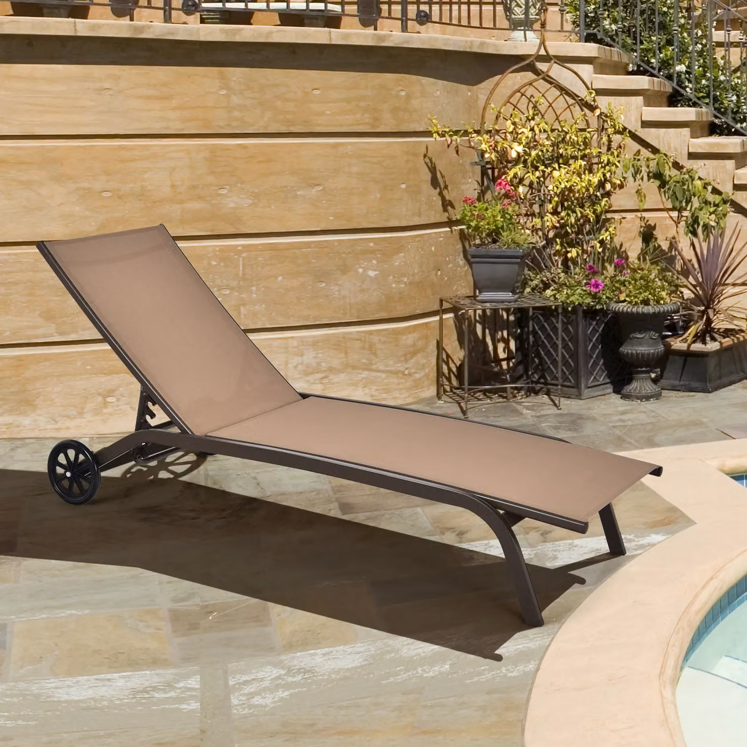 Gymax Adjustable Recliner Patio Chaise Lounge Chair with Wheels in Beige – 7