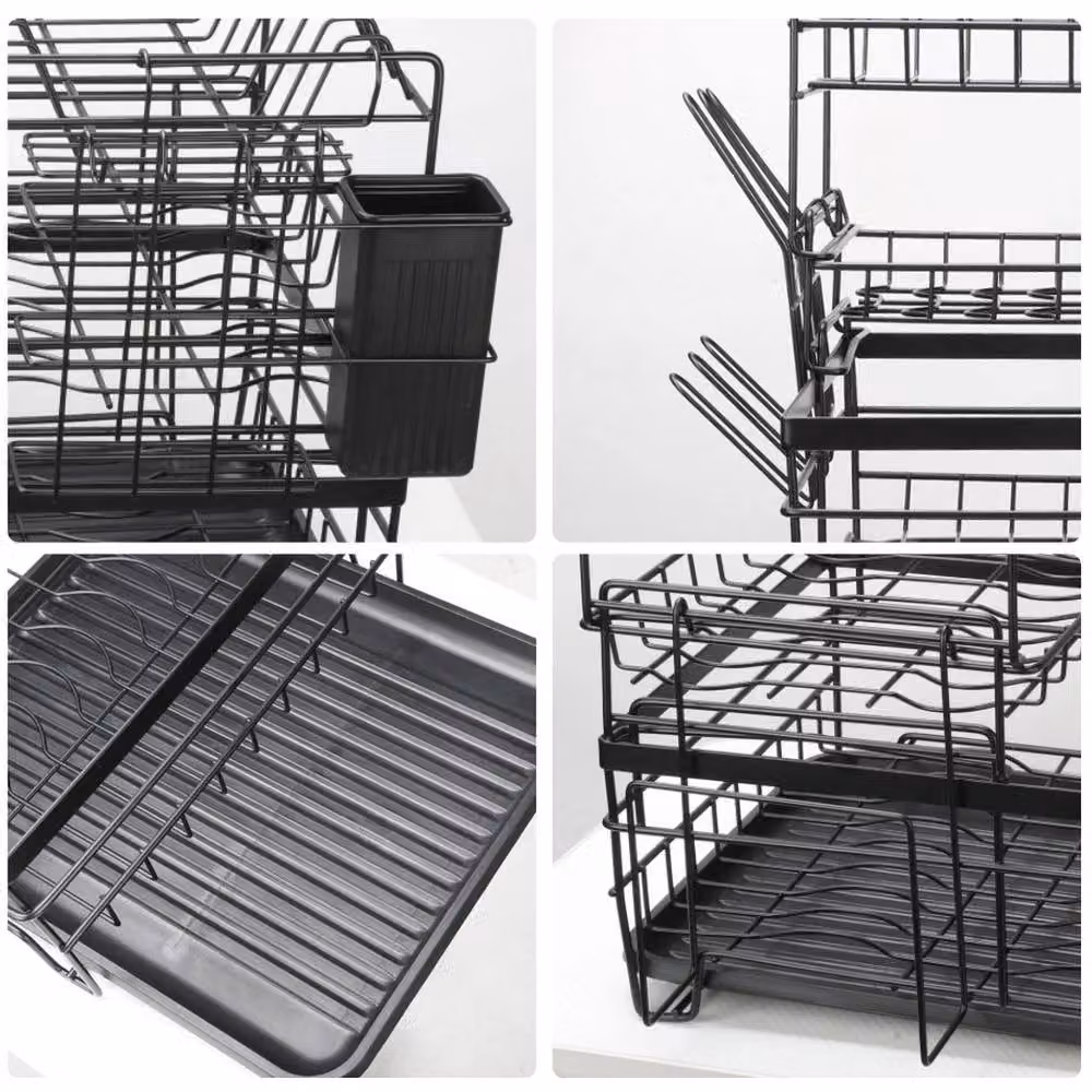 EONLION 3 Tier Black Dish Drainer Rack with Cutlery Holder and Drip Tray – 4