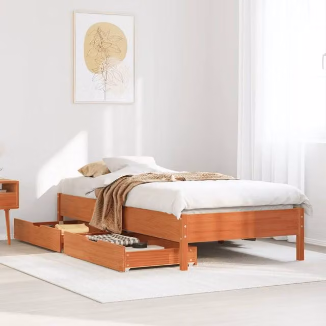 Berkfield Home Rustic Solid Wood Pine Bed Frame with Drawers, Wax Brown, W: 100 cm, D: 200 cm – 1