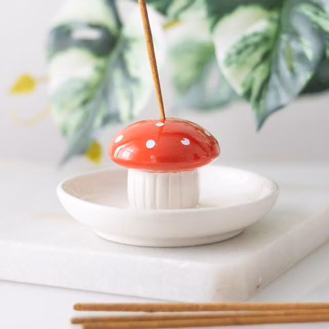 Kingsbury Gifts Ceramic Mushroom Incense Stick Holder in White and Red