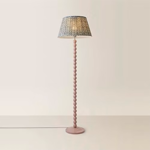 ValueLights Bobbins Floor Lamp with Floral Pleated Fabric Shade in Pastel Pink and Wood – 1