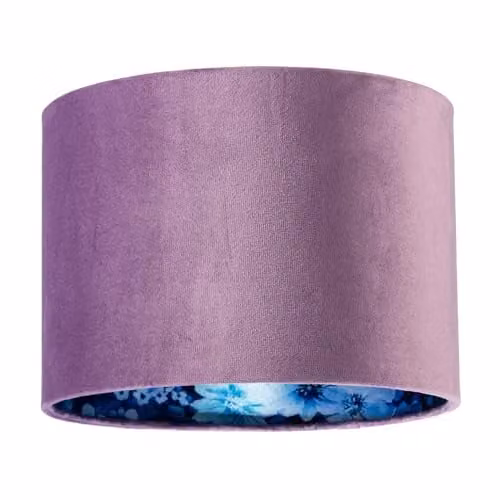 Happy Homewares Lilac Velvet Drum Lampshade with Blue and Purple Floral Lining, W/D/H: 18 x 18 x 25 cm
