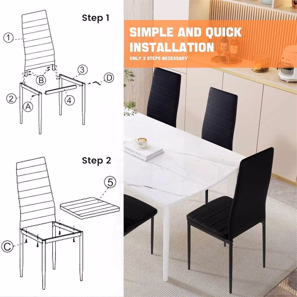 SPETLEK Set of 6 Black Dining Chairs with Padded Synthetic Leather Seats and High Back Metal Legs – 4