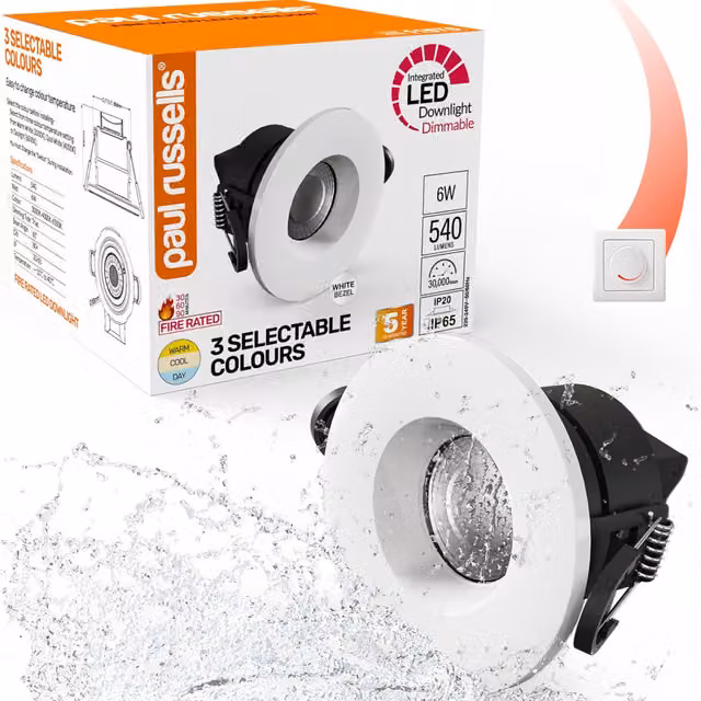 Paul Russells White Fire Rated LED Recessed Downlight, 6W, 540lm, IP65, Dimmable, Adjustable CCT