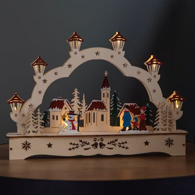 Samuel ALEXANDER Battery Operated Wooden Christmas Festive Village with LEDs in Brown and Multicolour, Height: 28 cm