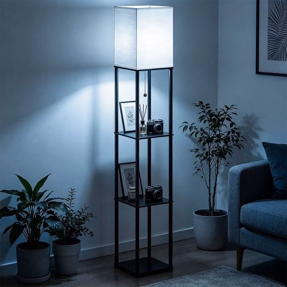 PAWNORA Modern Black Corner Floor Lamp with Shelves and LED Lighting – 4