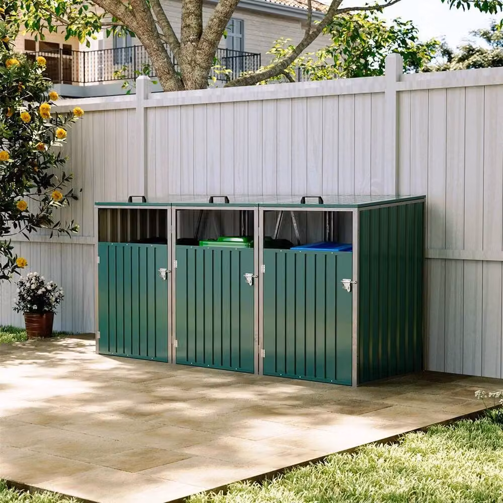 FLAVORA Triple Wheelie Bin Storage Metal Cover in Green – 3