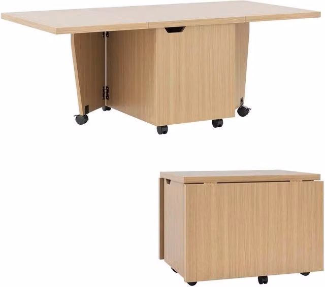 KORVIXA Rectangular Rolling Tea Table with Storage Cabinet in Light Oak, W/D/H: 100 x 100 x 90 cm – 1
