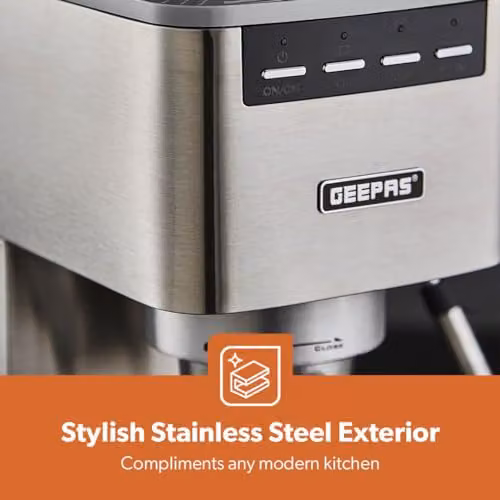 GEEPAS Espresso and Cappuccino Coffee Machine with Milk Frother, Silver, 15 Bar Pressure, 1.4 l Water Tank, 1450W with Thermoblock Heating and Pre-infusion – 3
