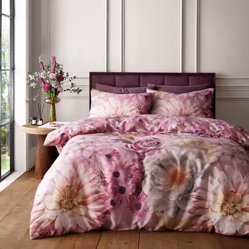 Catherine Lansfield RHS x Rosemoor Floral So Soft Super King Duvet Cover Set with Pillowcases, Pink