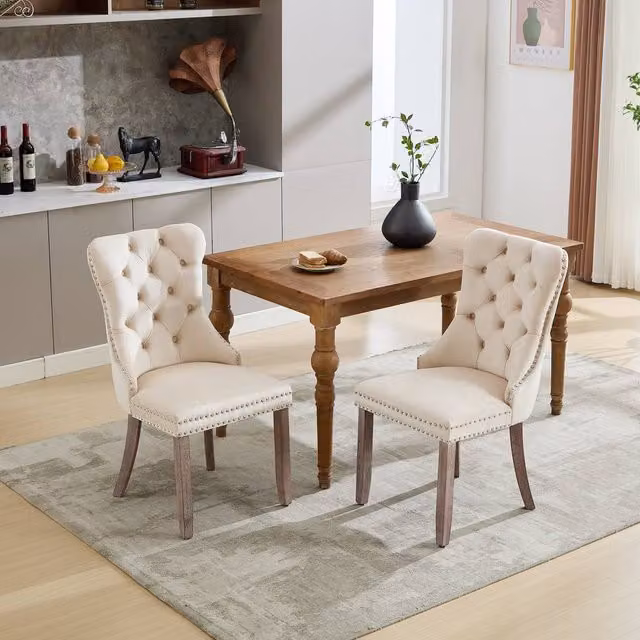 Merax Set of 2 Beige Velvet Button Tufted Dining Chairs with Rubberwood Legs