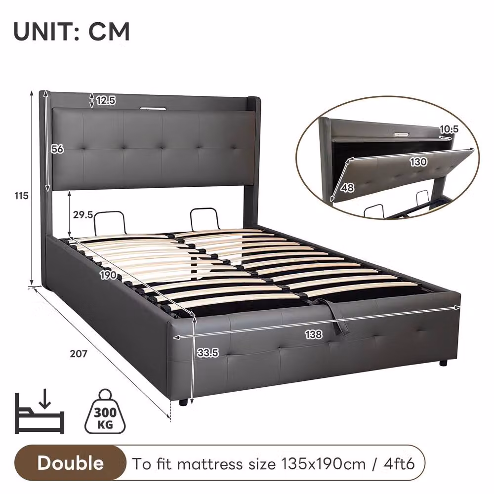 ModernLuxe Grey Upholstered King Size Ottoman Bed with Storage Headboard, LED Light and USB Charging Port – 5