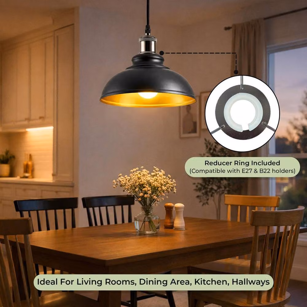 FLAVORA Black and Gold Modern Industrial Metal Dome Ceiling Lamp Shade – 4
