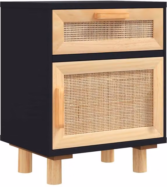 Berkfield Home Bedside Cabinet in Black Solid Pine and Natural Rattan – 1