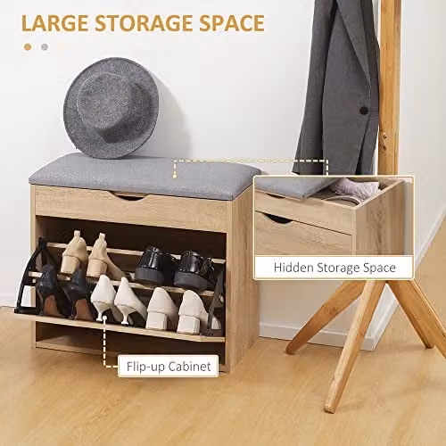 HOMCOM Upholstered Shoe Storage Bench with Flip-up Cabinet and Hidden Space in Sand – 2