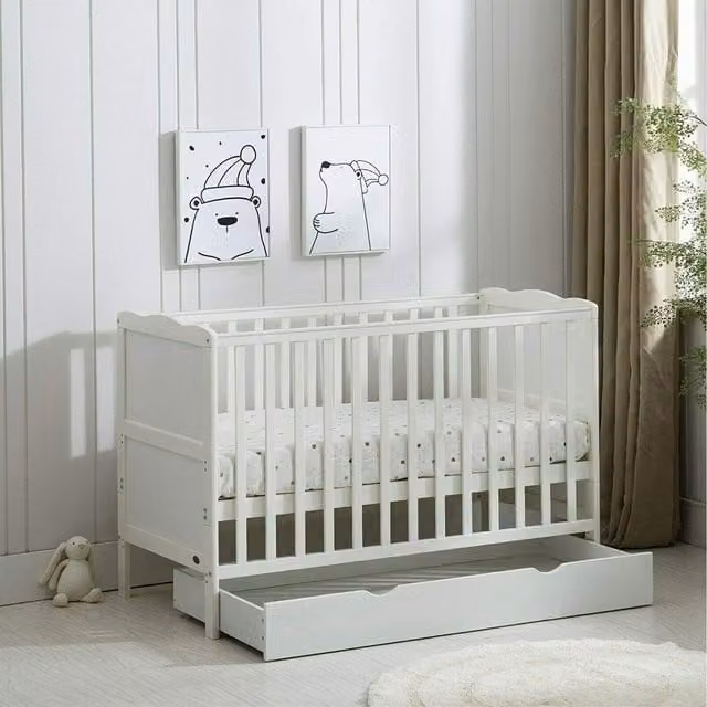 Mcc Direct Orlando Baby Cot with Drawer in White Solid Pine Wood