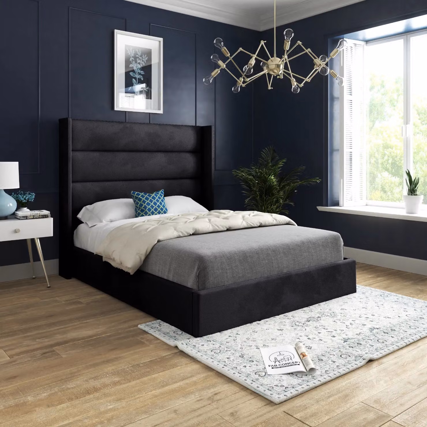 Casani Minimalist Upholstered Velvet Bed Frame in Black, W/D/H: 180 x 137 x 159 cm – 2