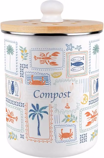 Purely Home Mediterranean Summer Metal Compost Caddy with Flip Lid, 2L, Blue and White