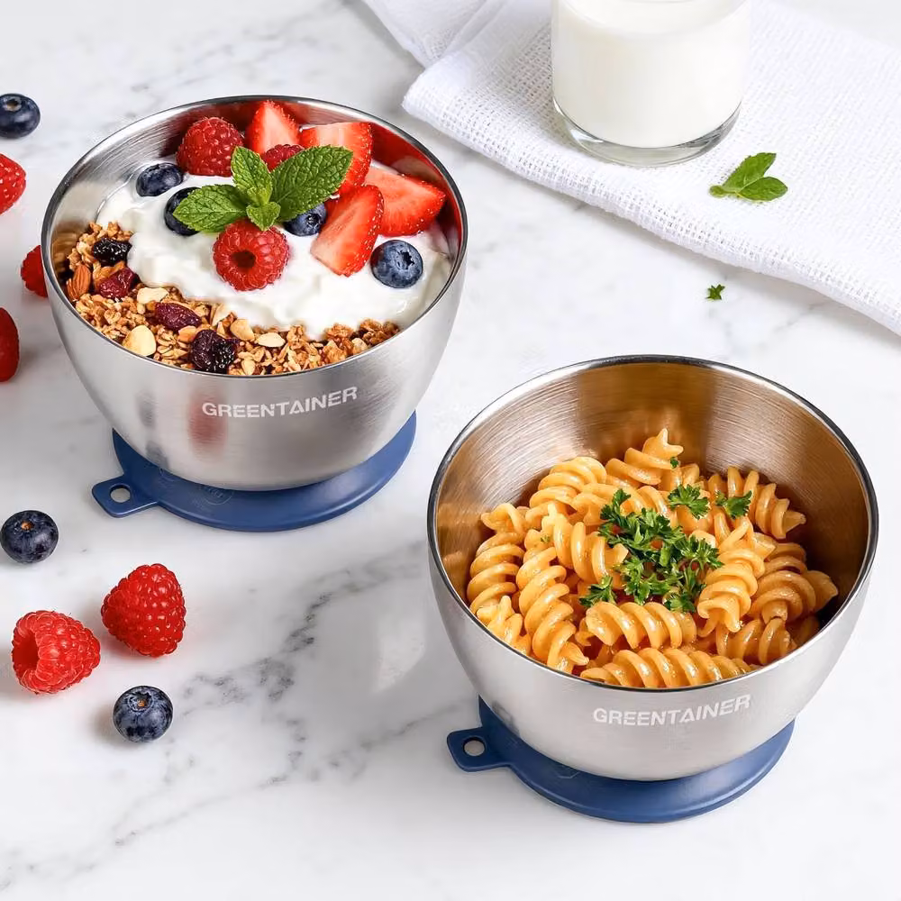 Greentainer 3-Piece Insulated Baby Suction Bowl Set in Multicolour and Silver with Stainless Steel and Silicone – 7