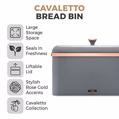 Tower Cavaletto Metal Bread Bin with Loose Lid, Grey and Gold, W: 24.0 cm, D: 17.5 cm, H: 33.0 cm – 2
