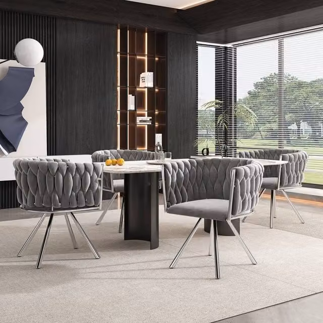 Rolipo Set of 4 Grey Velvet Swivel Dining Chairs with Metal Legs – 1