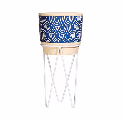 Sass & Belle Blue and White Abstract Cement Tabletop Planter with Metal Wire Stand, H 30.0 cm x W 14.0 cm x D 14.0 cm – 1