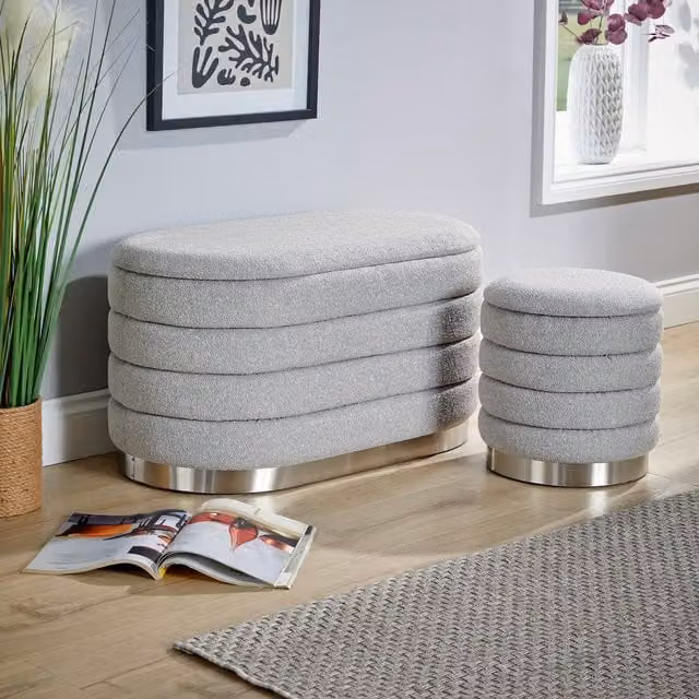 Home Source Set of 2 Grey Boucle Teddy Fur Storage Ottomans and Footstool Benches