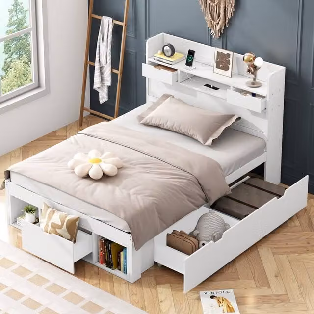 Matteo Childrens Multifunctional Single Daybed in White with USB Charging Port and Storage Drawers W/D/H: 90 x 190 cm