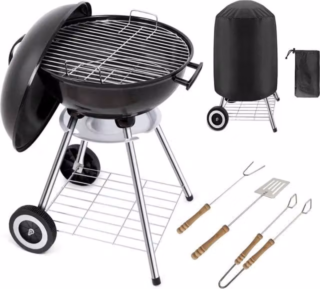 Gr8 Garden 18 inch Portable Charcoal Kettle BBQ Grill in Black with Cover and Wheels