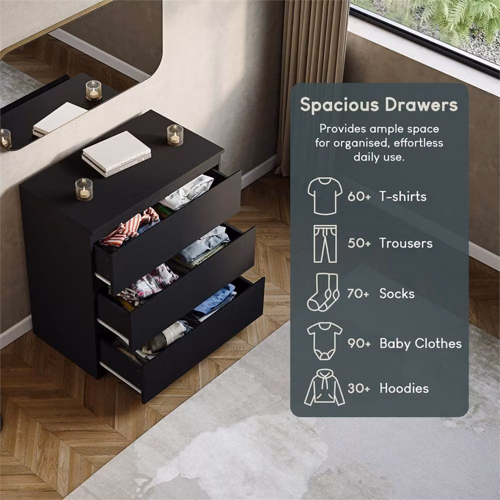FORGEVIO Black Modern 3 Drawer Bedside Chest – 3