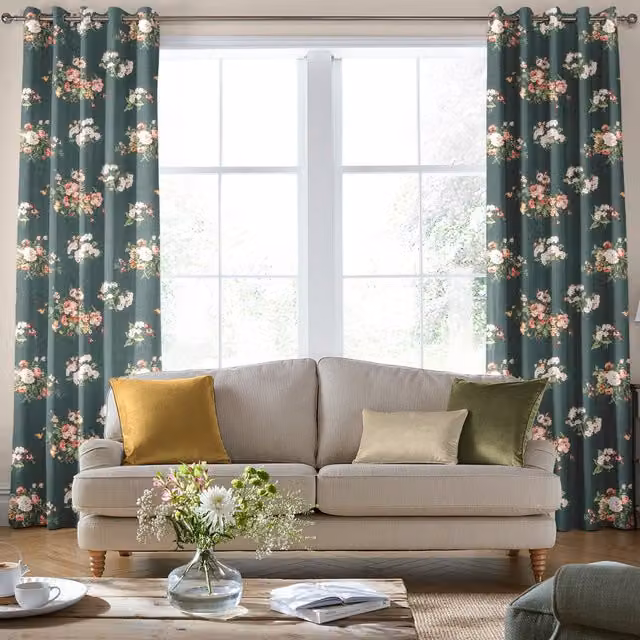 Laura Ashley Rosemore Made to Measure Blackout Eyelet Curtain in Green Floral Design