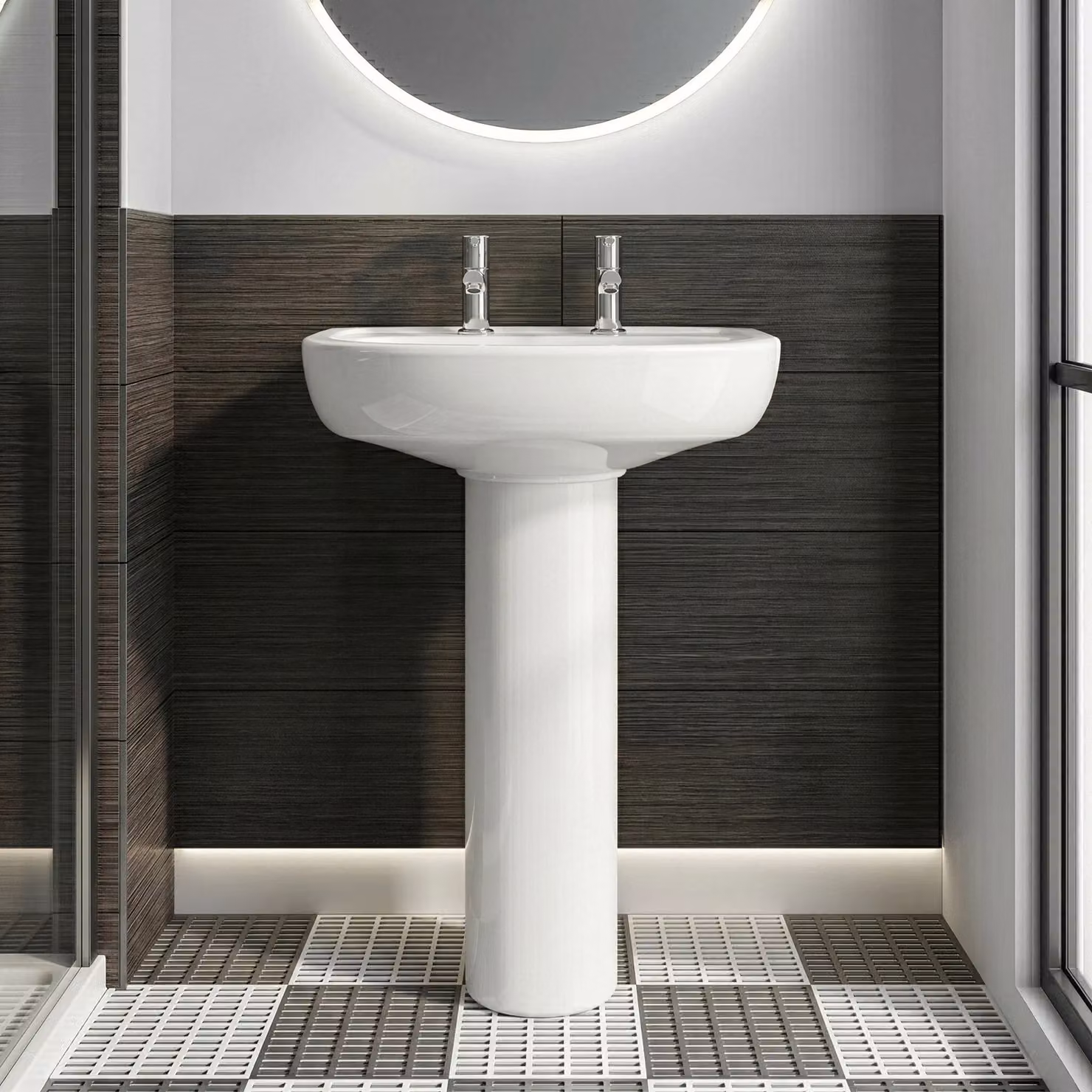 Balterley Adley Round 2 Tap Hole Ceramic Basin with Full Pedestal and White Pillar Tap, W: 550 mm – 5