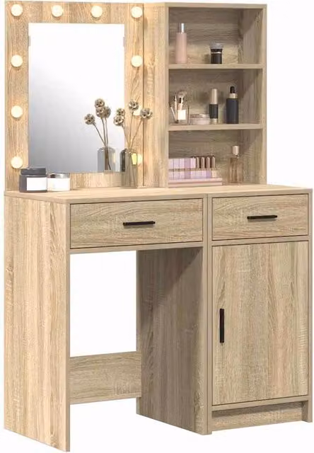 Berkfield Home Modern 2 Piece Dressing Table Set with LED in Sonoma Oak Light Oak Finish – 1