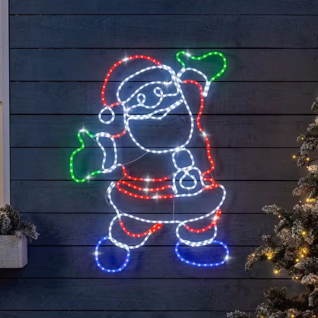 Christow Santa Christmas Rope Light Silhouette Flashing LED Outdoor Wall Decoration, Multicolour and White, Height: 101 cm
