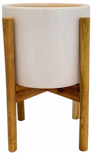 Lemon Pavilion Furniture and Decor Anzio Stone Planter with Wooden Stand, White, W: 24 cm, D: 24 cm, H: 38.5 cm