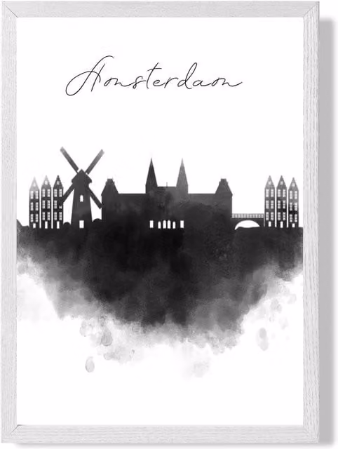 ARTZE Amsterdam Watercolour Skyline City Framed Print with Black and White Frame