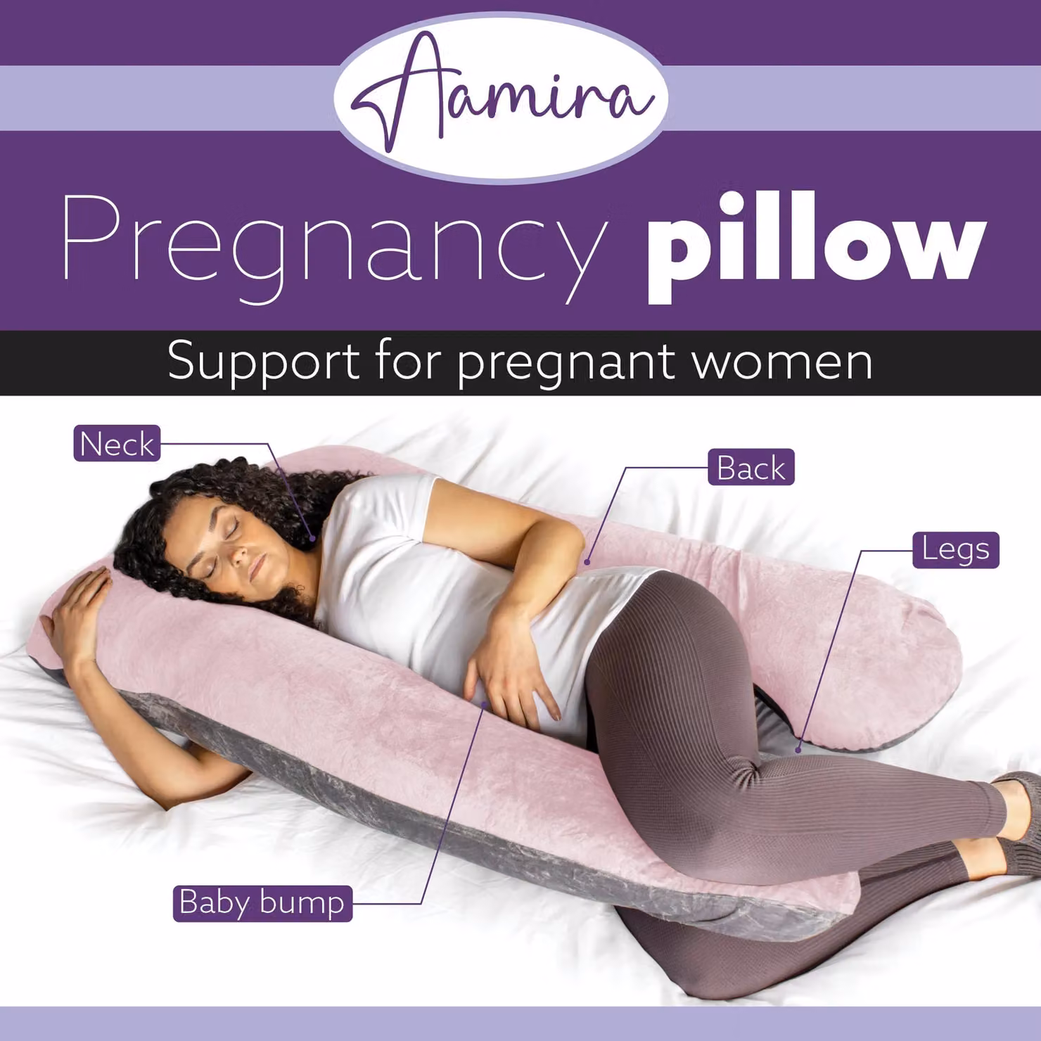 Aamira Women's U-Shaped Memory Foam Pregnancy Pillow in Pink and Grey – 2